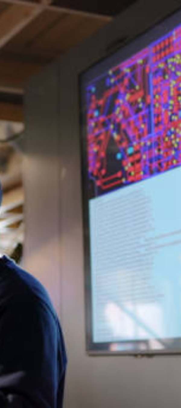 Close up stock photograph of a black man conducting a seminar on Python computer coding in an open plan work arena.