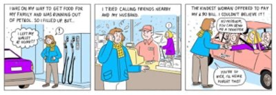 A three panel comic strip about Art of Kindness