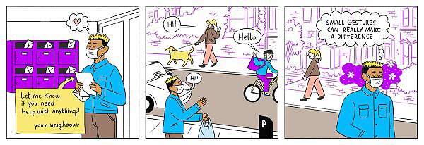 A three panel comic strip about Art of Kindness