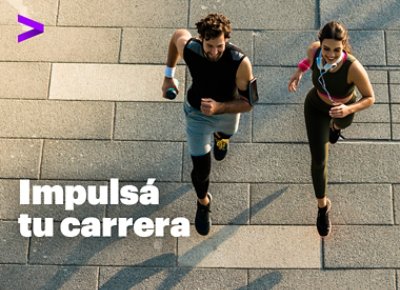 Two people running on a paved path with the text Impulsá tu carrera.