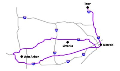 Area map of Detroit Innovation Hub comprised of spaces include the Digital Delivery Center and Quantum Experience Zone, Industry X Innovation Center, Mackevision, and The Forge located throughout Metro Detroit, Livonia, Troy, and Ann Arbor, Michigan