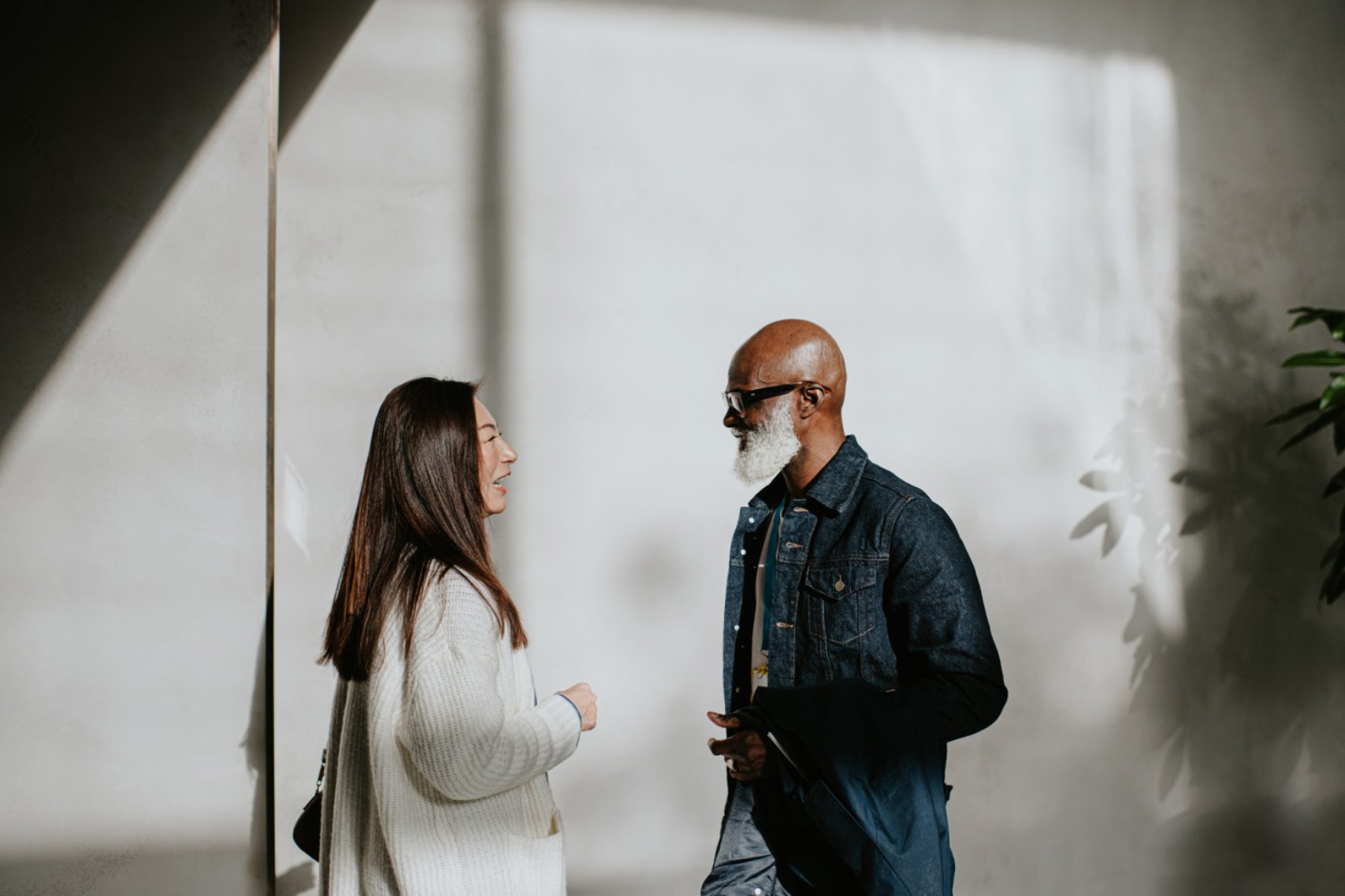 Woman and man talking