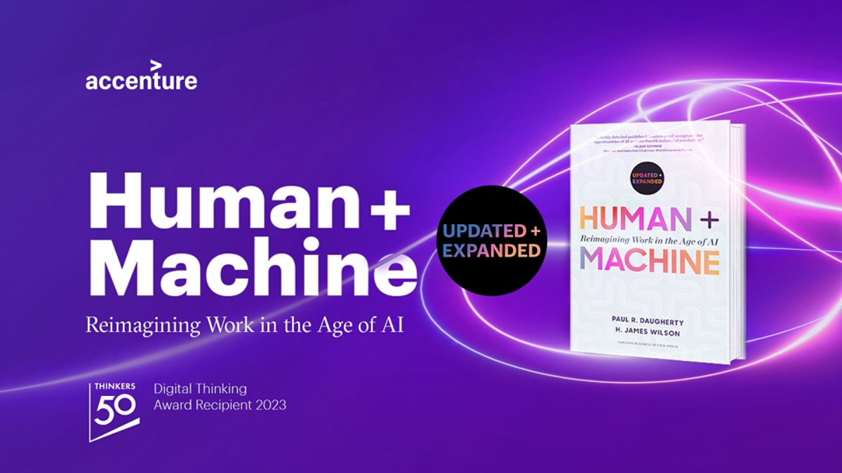 Human and Machine book image. This image highlights the updated + expanded book by Paul and James that talks about reimagining work in the age of AI, and highlights the “Digital Thinking Award Recipient 2023”.