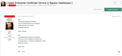 Threat actor selling Apple Enterprise certificate. Screenshot is post on a message board.