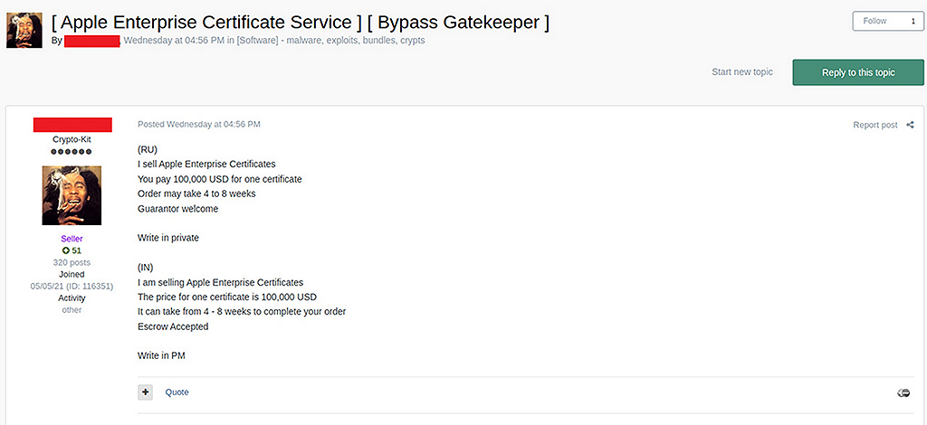 Threat actor selling Apple Enterprise certificate. Screenshot is post on a message board.