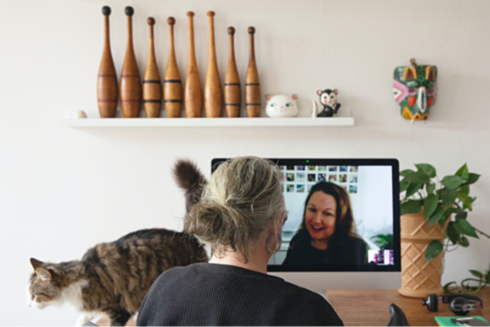 Woman with a cat talking to another person by video call