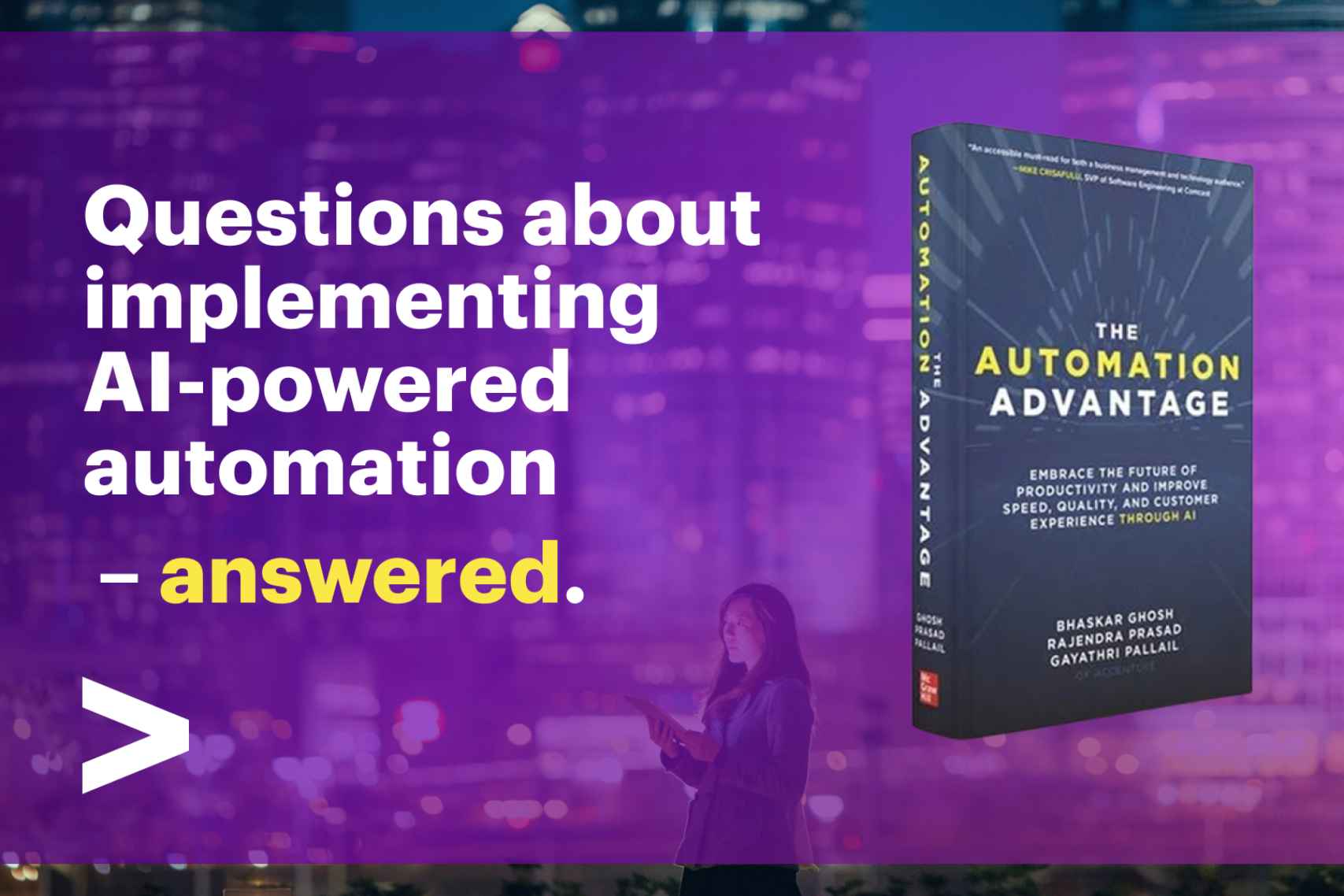 Image of the Automation Advantage book with overlay text that reads “Questions about implementing AI-powered automation – answered.”