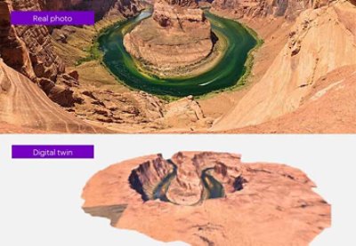A comparison between a real image of a canyon and  a digital twin.