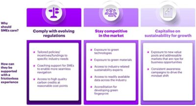 Diagram illustrates why SME's should care and how they can be supported with a frictionless experience along the sustainable journey.