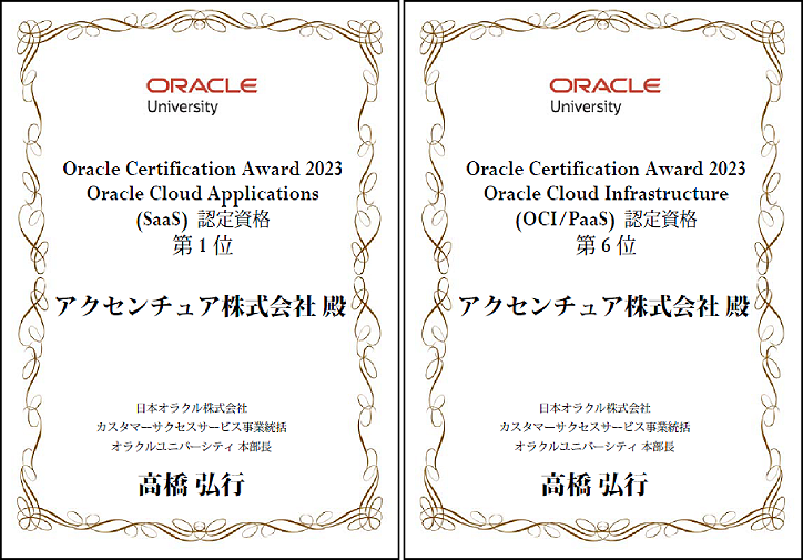 Oracle Certification Award 2023: アクセンチュアはOracle Cloud Applications (SaaS) 認定資格部門で１位、Oracle Cloud Infrastructure (OCI/PaaS) 認定資格部門で6位を受賞