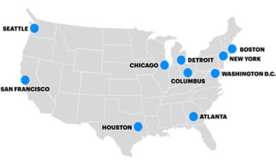 A map of United States with dots in different states that Accenture office is located