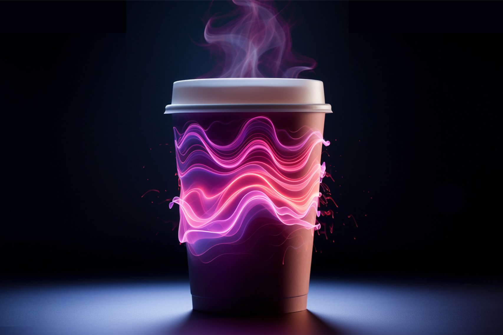Purple lights circling around a coffee cup.