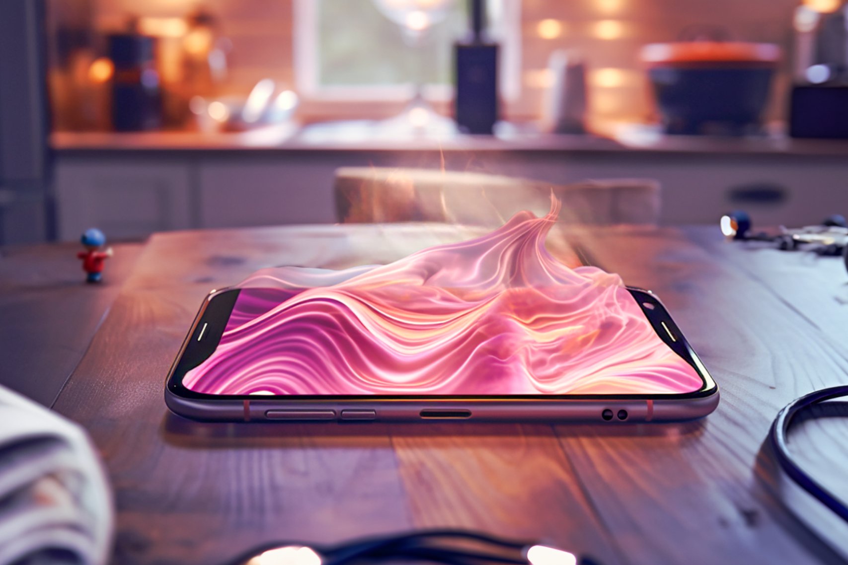 Smartphone laying on a table and the screen is popping out with wave like texture.
