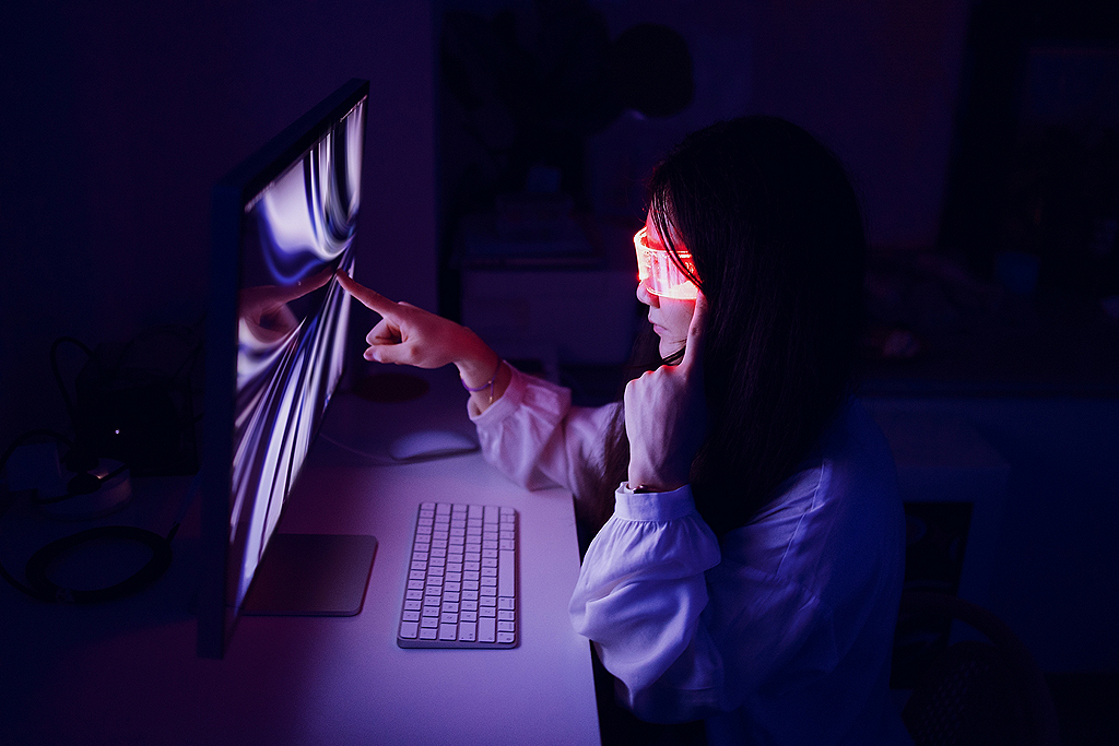  Asian Woman Touching Computer Screen at Home Office Late at Night