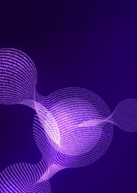 Abstract, flowing shape of glowing light purple text lines on a dark purple background.