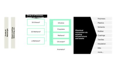 Drop in biomass based raw materials in the petrochemical value chain. Drop in biomass based raw materials includes 2G ethanol, 2G Methanol, e-Methanol. Low carbon products include Ethylene, Propylene, Methanol, C4 stream and aromatics.