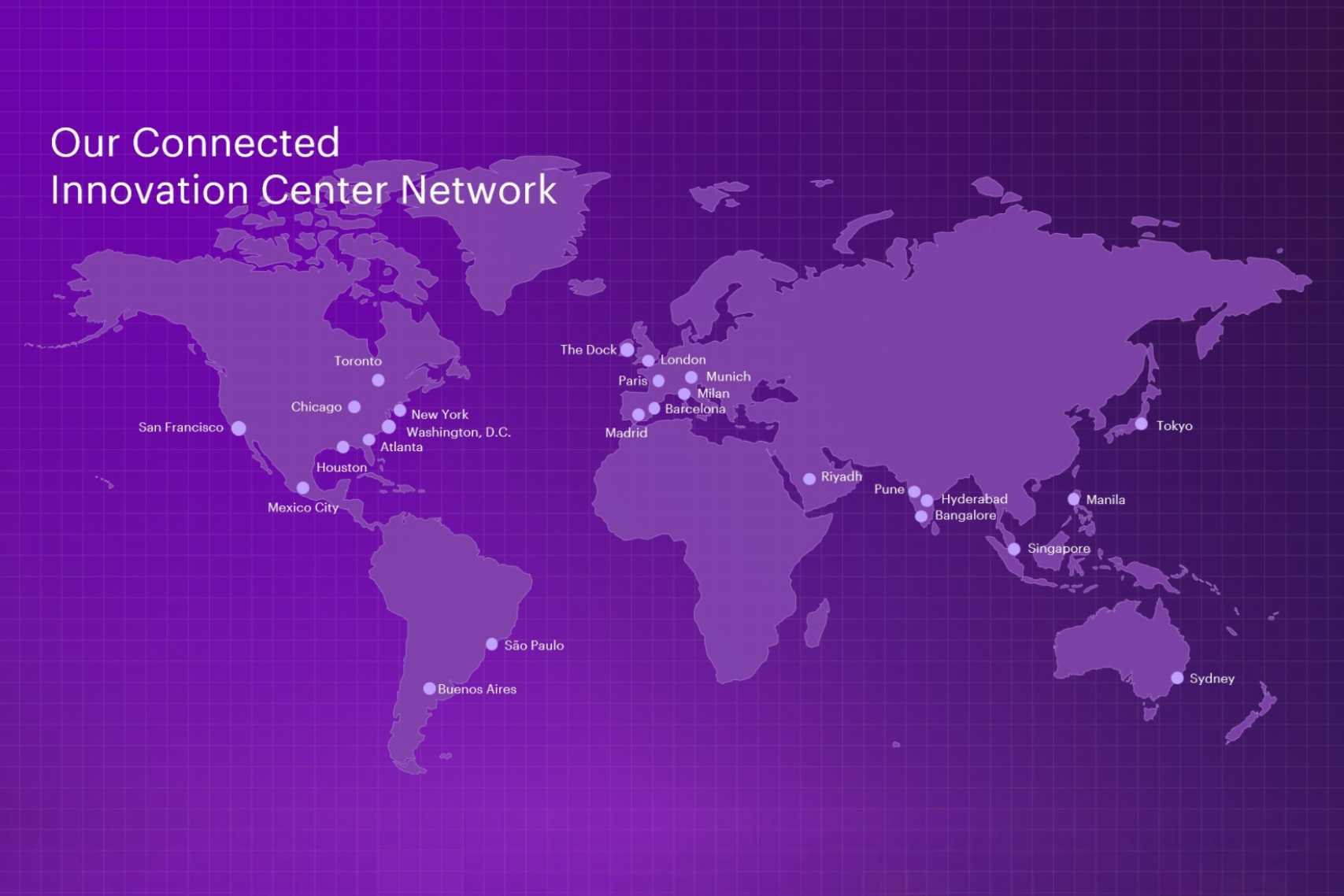 Image of a map of the world with connected innovation centers – Overlay text reads “Our Connected Innovation Center Network”. 