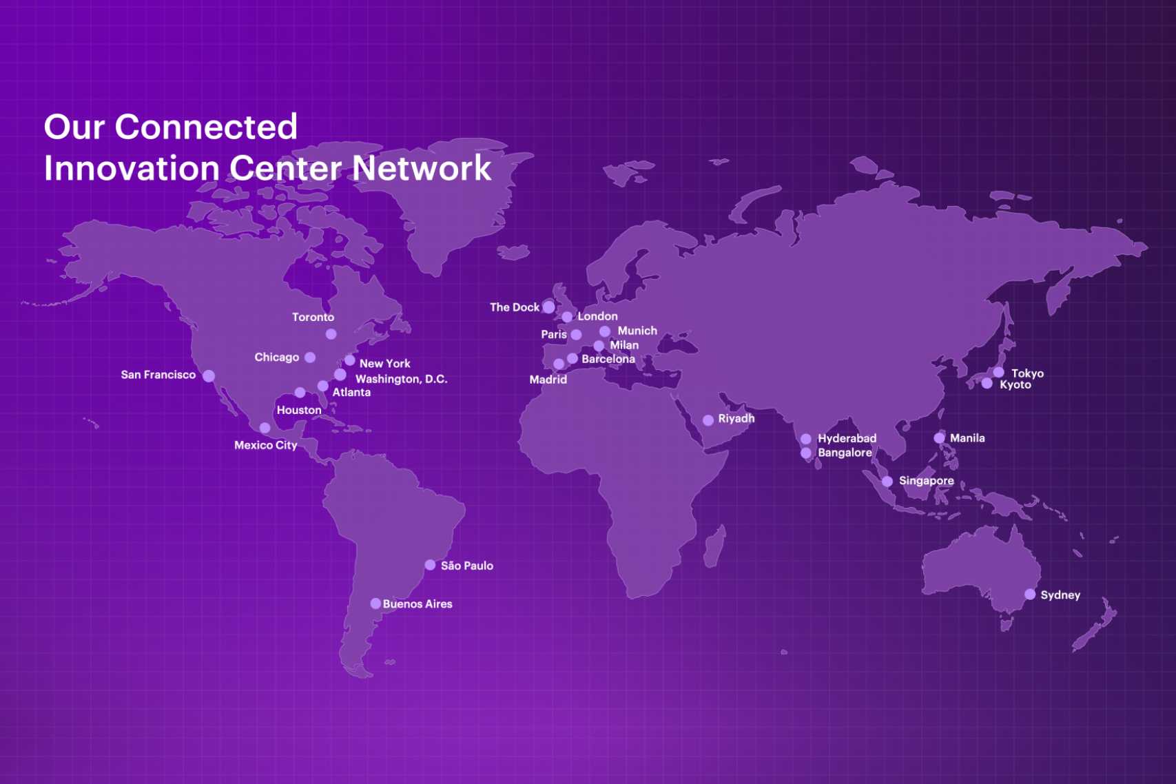 Image of a map of the world with connected innovation centers – Overlay text reads “Our Connected Innovation Center Network”. 