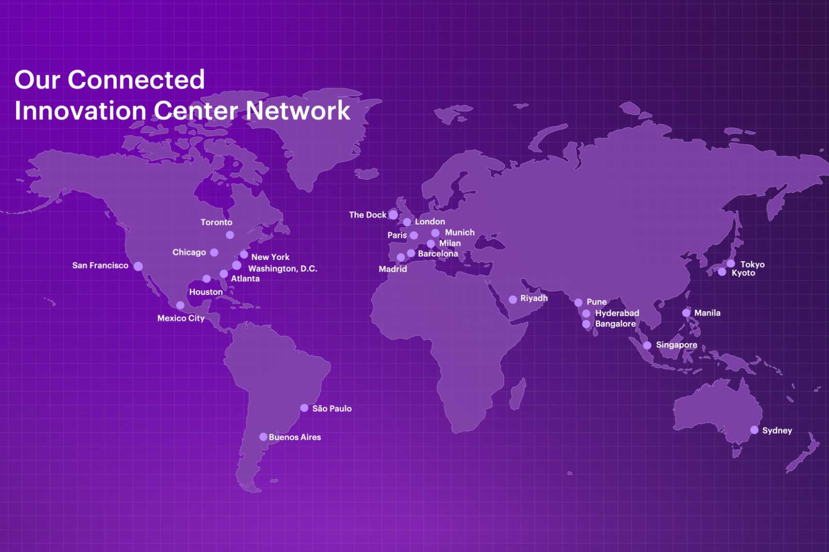 Image of a map of the world with connected innovation centers – Overlay text reads “Our Connected Innovation Center Network”. 