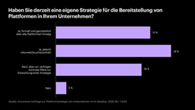 Horizontales Balkendiagramm zur Darstellung aktueller Plattform-Bereitstellungsstrategien: 31 % formal und ganzheitlich, 38 % informell/fragmentiert, 28 % planen eine Entwicklung, 3 % keine Strategie.