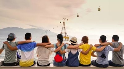 Friends Sitting Sea Port