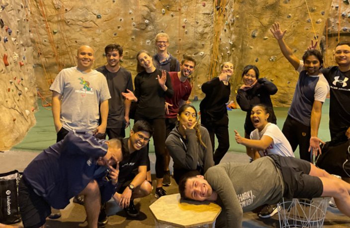 A group of Wellington-based analysts and consultants going rock climbing after work