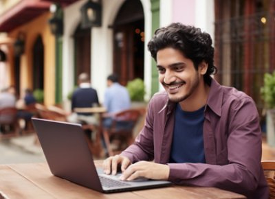 Guy smiling in front of laptop