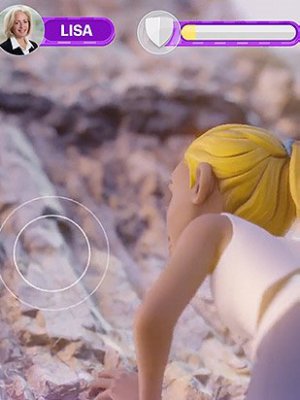 Virtual woman looking at Accenture flag