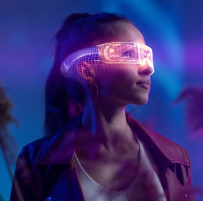 Blue background with a woman wearing futuristic VR glasses