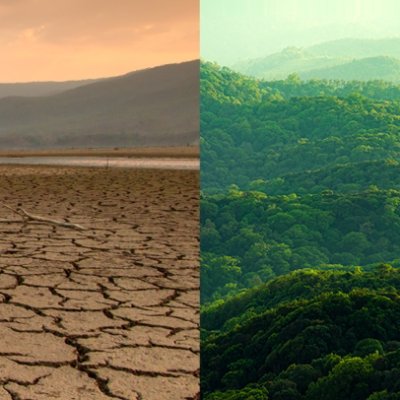 A split comparison of a dry barren land to mountain and a greener healthy forest mountain