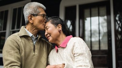 Man giving forehead kiss to woman