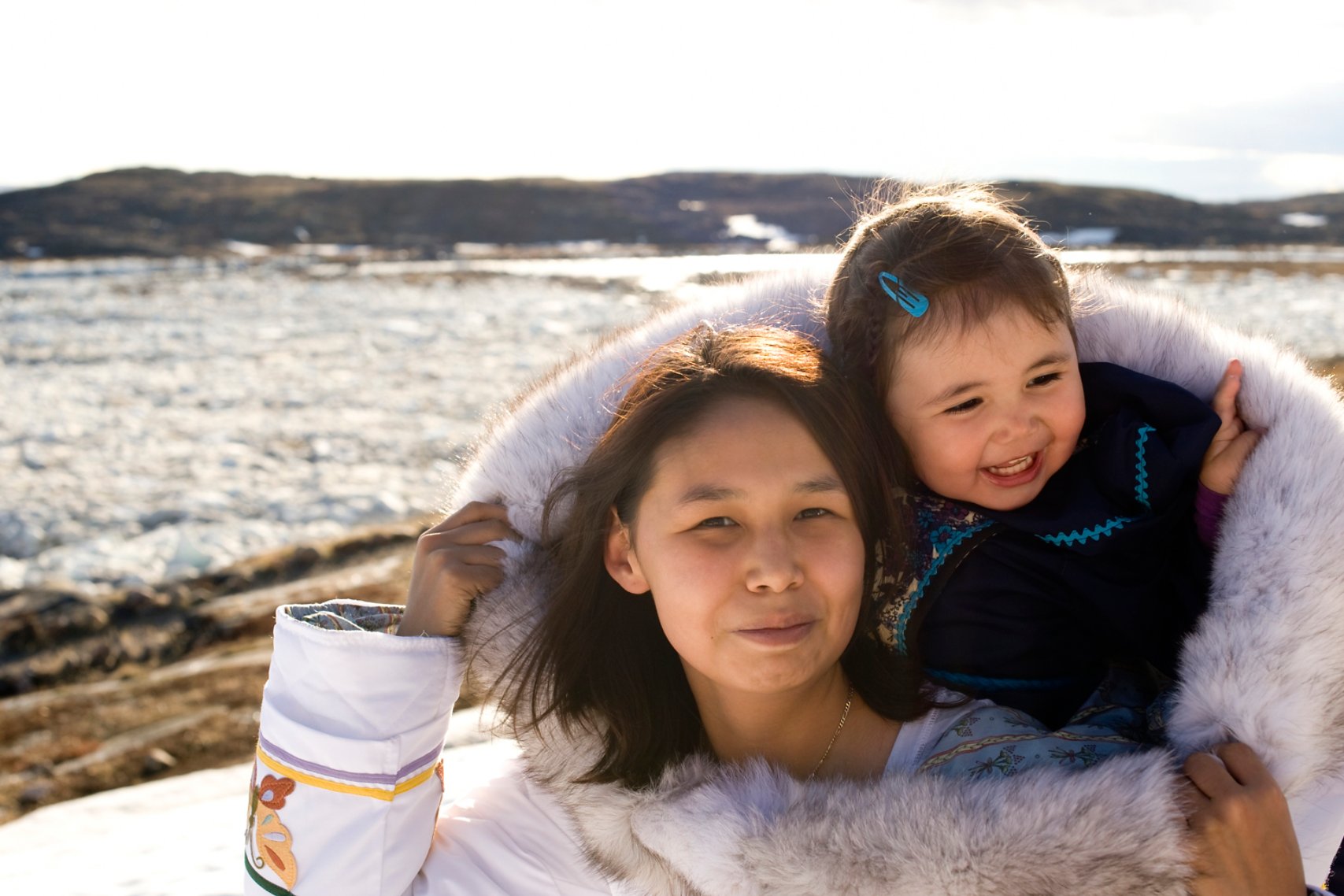 Inuit Mother and Daughter Traditional Dress Baffin Island Nunavut