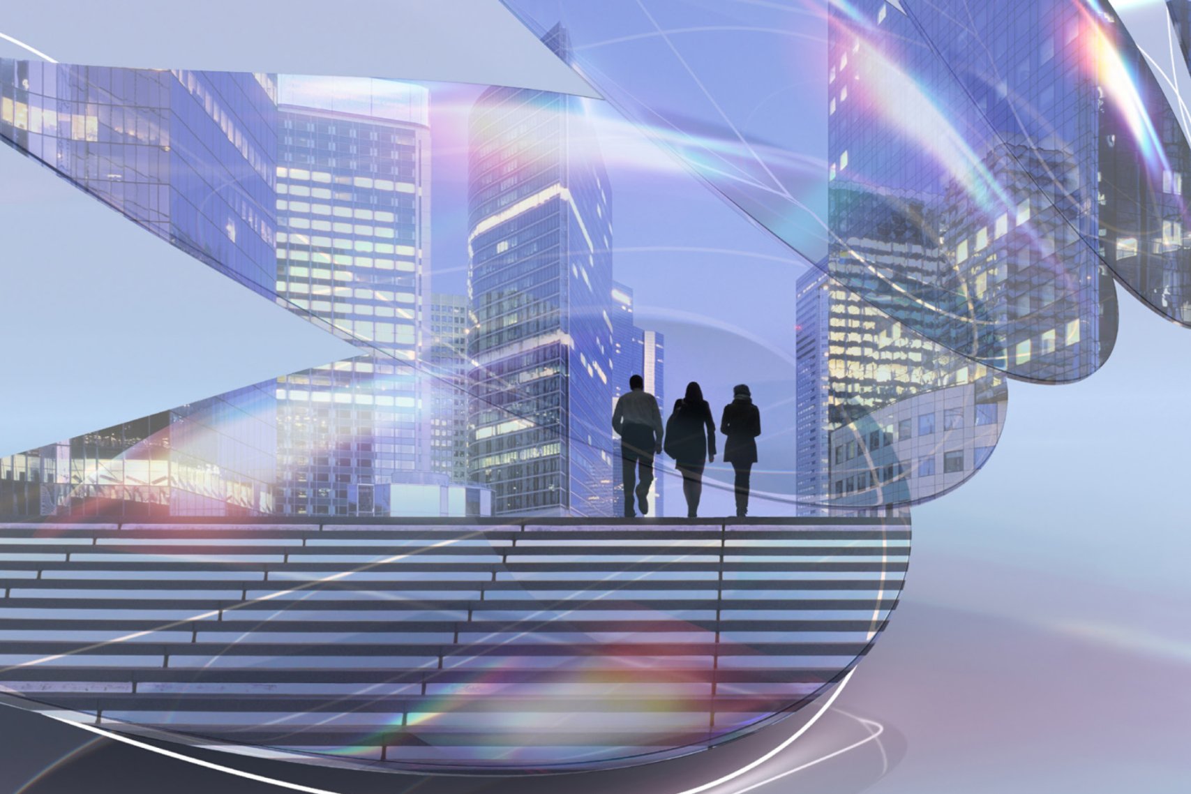 Three silhouettes of people walking in virtual urban environment