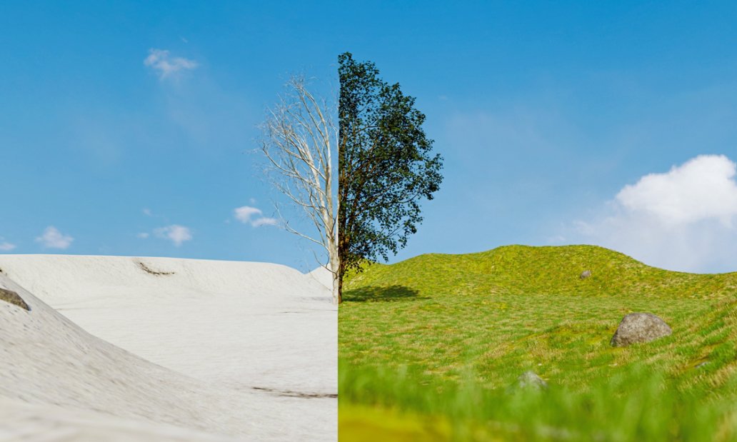 Half desert barren, half green landscape