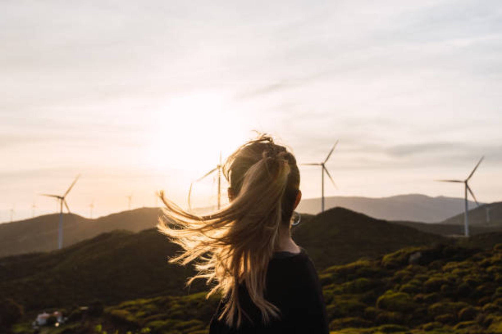 Woman in ponytail looking at the windmills