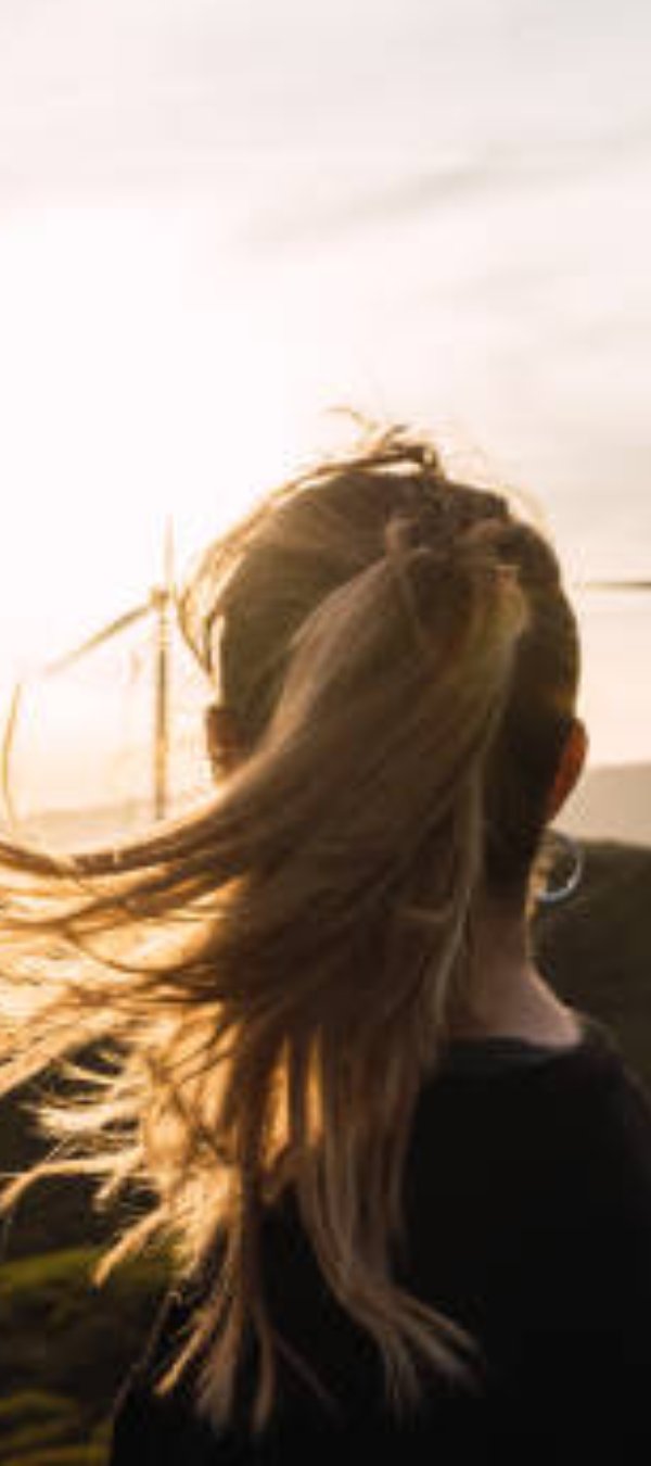 Woman in Ponytail Looking at Windmills