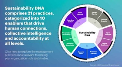 Sustainability DNA compromises 21 practices, categorized into 10 enablers that drive human connections, collective intelligence and accountability at all levels.