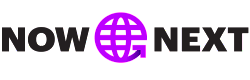 The logo Now next, with a purple worldwide symbol between the two words