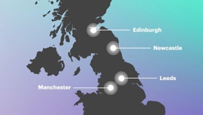 Map showing Edinburgh, Newcastle, Leeds and Manchester.