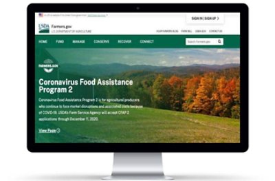 A screenshot of Farmers.gov website that explains about Coronavirus Food Assistance Program